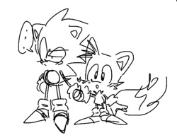 Size: 828x656 | Tagged: safe, artist:sontaiis, miles "tails" prower, sonic the hedgehog, fox, hedgehog, ..., blushing, chibi, cute, duo, gay, heart, holding hands, looking offscreen, male, males only, shipping, simple background, sonabetes, sonic x tails, standing, tailabetes, white background