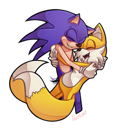 Size: 815x847 | Tagged: safe, artist:poxyloxyl, miles "tails" prower, sonic the hedgehog, fox, hedgehog, blushing, duo, eyes closed, gay, happy, holding each other, hugging, male, males only, mouth open, shipping, signature, simple background, smile, sonic x tails, wagging tail, white background