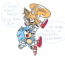 Size: 768x675 | Tagged: safe, artist:takosa, miles "tails" prower, sonic the hedgehog, fox, hedgehog, carrying them, classic sonic, classic tails, dialogue, duo, flying, gay, looking at each other, male, males only, mouth open, portuguese text, shipping, simple background, smile, sonic x tails, speech bubble, spinning tails, white background