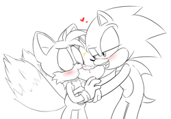 Size: 2048x1437 | Tagged: suggestive, artist:lemonpickl, miles "tails" prower, sonic the hedgehog, fox, hedgehog, blushing, chili dog, duo, gay, heart, holding them, lidded eyes, looking at something, looking at them, male, males only, mouth open, shipping, shrunken pupils, simple background, sonic x tails, standing, suggestive eating, surprised, white background