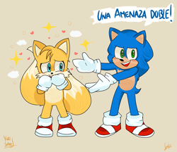 Size: 1889x1633 | Tagged: safe, artist:yuki-intex, miles "tails" prower, sonic the hedgehog, fox, hedgehog, sonic the hedgehog 2 (2022), beige background, blushing, covering mouth, dialogue, duo, gay, heart, looking at them, looking at viewer, male, males only, mouth open, shipping, signature, simple background, smile, sonic x tails, spanish text, speech bubble, standing, star (symbol)