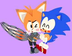 Size: 2019x1584 | Tagged: safe, artist:sontaiis, miles "tails" prower, nine, sonic the hedgehog, fox, hedgehog, sonic prime, blushing, chibi, cute, duo, eyes closed, gay, holding hands, looking at them, male, males only, mouth open, nine x sonic, no outlines, purple background, shipping, simple background, sonabetes, sonic x tails, standing, tailabetes