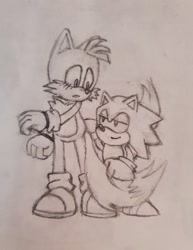 Size: 1578x2048 | Tagged: safe, artist:gacha-every, miles "tails" prower, sonic the hedgehog, fox, hedgehog, blushing, classic sonic, duo, gay, lidded eyes, looking at each other, male, males only, modern tails, mouth open, pencilwork, shipping, smile, sonic x tails, standing, traditional media