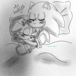 Size: 720x720 | Tagged: safe, artist:clearmoonbasement, miles "tails" prower, sonic the hedgehog, fox, hedgehog, sonic the hedgehog 2 (2022), abstract background, bed, blushing, cute, duo, english text, eyes closed, floppy ears, greyscale, heart, holding each other, lying down, male, males only, shipping, smile, snuggling, sonabetes, sonic x tails, tailabetes