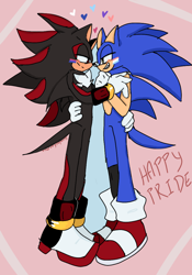 Size: 736x1051 | Tagged: safe, artist:sonadoefanmox, shadow the hedgehog, sonic the hedgehog, hedgehog, abstract background, bisexual, bisexual pride, blushing, duo, english text, facepaint, gay, heart, holding each other, lidded eyes, looking at each other, male, males only, pride, shadow x sonic, shipping, smile, standing, trans male, trans pride, transgender