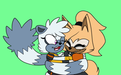 Size: 2048x1280 | Tagged: safe, artist:squipycheetah, tangle the lemur, whisper the wolf, lemur, wolf, duo, flat colors, green background, hugging, lesbian, looking at them, mouth open, shipping, simple background, smile, standing, tangle x whisper, wink, wrapped in tail
