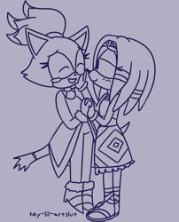 Size: 1280x1582 | Tagged: safe, artist:octopusdoesart, blaze the cat, tikal, cat, echidna, blazebetes, blushing, crack shipping, cute, duo, eyes closed, female, females only, holding hands, lesbian, lidded eyes, looking at them, purple background, shipping, signature, simple background, smile, standing, tikalbetes, tikaze