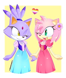 Size: 1736x2048 | Tagged: safe, artist:venusofchaos, amy rose, blaze the cat, cat, hedgehog, 2023, amy x blaze, cute, dress, female, females only, flower, holding hands, lesbian, lesbian pride, pride, shipping