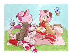 Size: 2000x1529 | Tagged: safe, artist:pam3le, amy rose, blaze the cat, flicky, bird, cat, hedgehog, 2023, amy x blaze, amy's halterneck dress, blaze's tailcoat, boots, cute, female, females only, heels, lesbian, looking at viewer, picnic, picnic basket, shipping, trench coat