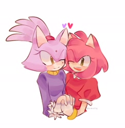 Size: 1992x2048 | Tagged: safe, artist:xmollq, amy rose, blaze the cat, cat, hedgehog, 2023, amy x blaze, blaze's tailcoat, cute, female, females only, hearts, holding hands, lesbian, shipping