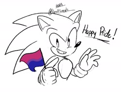 Size: 1677x1265 | Tagged: safe, artist:nessfreenote, sonic the hedgehog, hedgehog, 2023, bisexual, bisexual pride, bust, english text, flag, holding something, looking at viewer, male, pride, pride flag, signature, simple background, smile, solo, standing, white background