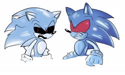 Size: 1776x1063 | Tagged: safe, artist:nessfreenote, sonic the hedgehog, oc, oc:sonic.exe, hedgehog, 2023, black sclera, duo, lidded eyes, looking at them, looking offscreen, male, males only, red sclera, self paradox, sharp teeth, simple background, spiked bracelet, standing, torn gloves, white background, zombot