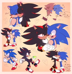 Size: 1972x2048 | Tagged: safe, artist:nessfreenote, shadow the hedgehog, sonic the hedgehog, hedgehog, 2023, abstract background, blushing, blushing ears, border, chaos emerald, duo, english text, eyes closed, gay, holding each other, holding something, male, males only, sfx, shadow x sonic, shipping, smile, standing, stick arms, stick legs