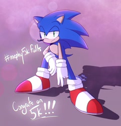 Size: 1974x2048 | Tagged: safe, artist:nessfreenote, sonic the hedgehog, hedgehog, 2023, abstract background, english text, lidded eyes, looking at viewer, male, shadow (lighting), smile, solo, squatting