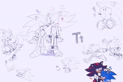 Size: 1800x1200 | Tagged: safe, artist:nessfreenote, shadow the hedgehog, sonic the hedgehog, hedgehog, blushing, blushing ears, cross popping vein, duo, english text, exclamation mark, gay, grey background, heart, holding hands, male, males only, question mark, shadow x sonic, shipping, simple background, smile, standing