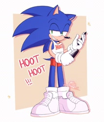 Size: 1752x2048 | Tagged: safe, artist:nessfreenote, sonic the hedgehog, hedgehog, abstract background, border, holding something, hooters outfit, lidded eyes, looking offscreen, male, notepad, pen, signature, smile, solo, standing