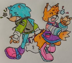 Size: 2048x1780 | Tagged: safe, artist:lille-scribbles, miles "tails" prower, sonic the hedgehog, fox, hedgehog, agender, agender pride, bandana, bigender, bigender pride, bisexual, bisexual pride, claws, demiromantic, demiromantic pride, dress, duo, eyes closed, fingerless gloves, gloves off, jacket, looking at viewer, one fang, pawpads, smile, star (symbol), traditional media, v sign, wink