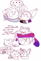 Size: 1374x2047 | Tagged: safe, artist:emenens, miles "tails" prower, robotnik, sonic the hedgehog, fox, hedgehog, human, ..., ace, asexual pride, bandana, bisexual, bisexual pride, cape, dialogue, english text, male, males only, scarf, simple background, sonabetes, speech bubble, tailabetes, trans male, trans pride, transgender, trio, white background