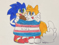 Size: 1600x1228 | Tagged: safe, artist:generalfoxy21, miles "tails" prower, sonic the hedgehog, fox, hedgehog, bandana, duo, english text, holding something, looking up, male, males only, one fang, pride, pride flag, signature, smile, standing, traditional media, trans male, trans pride, transgender