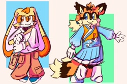 Size: 2047x1355 | Tagged: safe, artist:they-hermes, cream the rabbit, miles "tails" prower, fox, rabbit, abstract background, bag, clothes, duo, female, kimono, looking at viewer, looking offscreen, male, pants, side bag, skirt, smile, standing, sweater, trans boy cream, trans female, trans girl tails, trans male, transgender, yellow sclera