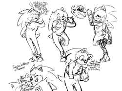 Size: 1241x922 | Tagged: safe, artist:carnation-damnation, miles "tails" prower, sonic the hedgehog, fox, hedgehog, dialogue, duo, earring, english text, hugging, male, males only, simple background, sketch, smile, speech bubble, standing, top surgery scars, trans male, transgender, white background, wink