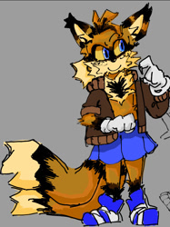 Size: 676x903 | Tagged: safe, artist:they-hermes, miles "tails" prower, fox, arm fluff, chest fluff, ear fluff, female, grey background, jacket, looking offscreen, older, simple background, skirt, smile, solo, standing, trans female, transgender, yellow sclera