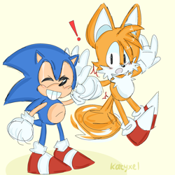Size: 2048x2048 | Tagged: safe, artist:katyxel, miles "tails" prower, sonic the hedgehog, fox, hedgehog, blushing, duo, exclamation mark, eyes closed, flying, gay, looking at them, male, males only, mouth open, shipping, simple background, smile, sonic x tails, spinning tails, standing, yellow background