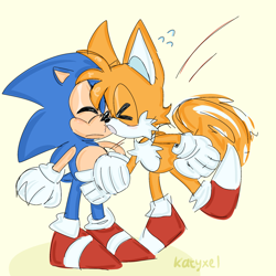 Size: 2048x2048 | Tagged: safe, artist:katyxel, miles "tails" prower, sonic the hedgehog, fox, hedgehog, blushing, duo, eyes closed, flying, gay, imminent kissing, male, males only, mouth open, shipping, simple background, sonic x tails, spinning tails, standing, yellow background