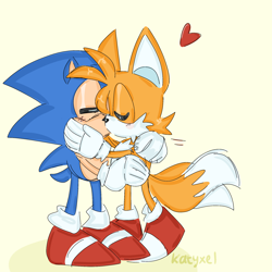 Size: 2048x2048 | Tagged: safe, artist:katyxel, miles "tails" prower, sonic the hedgehog, fox, hedgehog, blushing, duo, gay, heart, holding each other, kiss, male, males only, shipping, simple background, sonic x tails, standing, yellow background