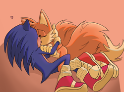 Size: 2048x1525 | Tagged: safe, artist:shadystation, miles "tails" prower, sonic the hedgehog, fox, hedgehog, sonic the hedgehog 2 (2022), duo, eyes closed, gay, heart, holding each other, kiss, lying on side, making out, male, males only, orange background, scene interpretation, shadow (lighting), shipping, simple background, sonic x tails
