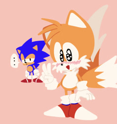 Size: 784x828 | Tagged: safe, artist:sontaiis, miles "tails" prower, sonic the hedgehog, fox, hedgehog, ..., blushing, cute, duo, frown, lidded eyes, looking at viewer, male, males only, mouth open, no outlines, pink background, simple background, smile, solo focus, sonabetes, sparkling eyes, standing, tailabetes, v sign