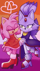 Size: 1080x1920 | Tagged: safe, artist:monoex, amy rose, blaze the cat, cat, hedgehog, abstract background, amy x blaze, blushing, duo, eyes closed, female, females only, heart, holding hands, lesbian, lesbian pride, looking at them, pride, pride flag background, shipping, smile, walking