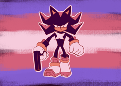 Size: 1575x1129 | Tagged: safe, artist:chaospikes, shadow the hedgehog, hedgehog, alternate version, frown, gun, holding something, looking at viewer, male, outline, pride flag background, solo, trans pride