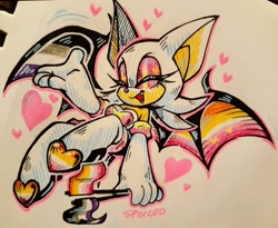 Size: 2048x1677 | Tagged: safe, artist:spoiledskullz, rouge the bat, bat, ace, asexual pride, eyes closed, female, flag, heart, holding something, lesbian, lesbian pride, mouth open, one fang, outline, pride, pride flag, signature, smile, solo, traditional media