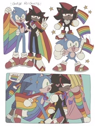 Size: 1535x2048 | Tagged: safe, artist:8um8ble8ee, shadow the hedgehog, sonic the hedgehog, hedgehog, cape, duo, english text, gay, gay pride, heart, holding each other, holding something, male, males only, mouth open, pout, pride, pride flag, shadow x sonic, shipping, smile, standing, star (symbol), v sign, walking, waving