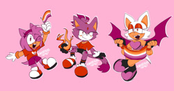 Size: 1488x788 | Tagged: safe, artist:knuckie-head, amy rose, blaze the cat, rouge the bat, bat, cat, hedgehog, female, females only, fire, flag, holding something, lesbian, lesbian pride, outline, pink background, pride, pride flag, simple background, smile, trio, wink