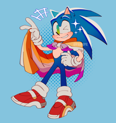 Size: 2048x2168 | Tagged: safe, artist:paiirupie, sonic the hedgehog, hedgehog, blue background, blushing, cape, holding something, lesbian pride, looking at viewer, male, pride, simple background, smile, soap shoes, solo, sparkles, standing, v sign, wink