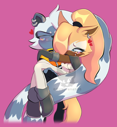 Size: 1000x1086 | Tagged: safe, artist:bunivanah06, tangle the lemur, whisper the wolf, lemur, wolf, alternate universe, blushing, carrying them, duo, earring, eyes closed, female, females only, hugging, lesbian, looking at them, pansexual, purple background, shipping, simple background, smile, tangle x whisper, watermark