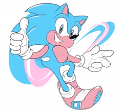 Size: 2048x1884 | Tagged: safe, artist:drememoto, sonic the hedgehog, hedgehog, limited palette, looking at viewer, male, pride, simple background, smile, solo, thumbs up, trans pride, white background