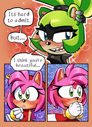 Size: 2048x2840 | Tagged: safe, artist:akarisandraws, amy rose, surge the tenrec, hedgehog, tenrec, abstract background, blushing, dialogue, duo, english text, female, females only, heart, lesbian, shipping, sparkles, speech bubble, surgamy