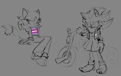 Size: 1826x1156 | Tagged: safe, artist:void-thevoid, blaze the cat, shadow the hedgehog, cat, hedgehog, crop top, duo, female, frown, grey background, jacket, looking offscreen, motorcycle, pants, pride, pride pin, simple background, sitting, skirt, standing, trans female, trans pride, transgender