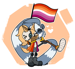 Size: 2048x1884 | Tagged: safe, artist:qqhoneydew_, tangle the lemur, whisper the wolf, lemur, wolf, abstract background, cape, cute, duo, female, females only, heart, hugging, lesbian, lesbian pride, outline, pride, pride flag, shipping, smile, standing, tail hand, tangabetes, tangle x whisper, wagging tail, whispabetes