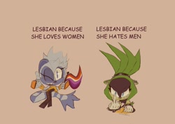 Size: 2048x1448 | Tagged: safe, artist:sushibarton, surge the tenrec, tangle the lemur, lemur, tenrec, angry, beige background, duo, english text, female, females only, flag, floppy ears, frown, holding something, lesbian, lesbian pride, looking at viewer, middle finger, pride, simple background, smile, wink