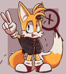 Size: 974x1080 | Tagged: safe, artist:guiltypandas, miles "tails" prower, fox, the murder of sonic the hedgehog, 2023, abstract background, eyelashes, looking at viewer, mouth open, smile, solo, standing, v sign
