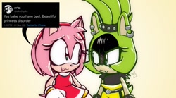 Size: 1385x768 | Tagged: safe, artist:guiltypandas, amy rose, surge the tenrec, hedgehog, tenrec, 2022, duo, eyelashes, female, females only, frown, gradient background, lesbian, looking at each other, shipping, smile, standing, surgamy, twitter