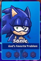 Size: 226x332 | Tagged: safe, artist:guiltypandas, sonic the hedgehog, hedgehog, sonic frontiers, 2022, abstract background, arms folded, character name, english text, eyelashes, frown, lidded eyes, looking at viewer, male, meme, signature, solo, standing, trans male, transgender