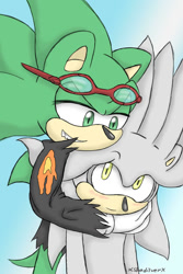 Size: 900x1350 | Tagged: safe, artist:xshadilverx, scourge the hedgehog, silver the hedgehog, hedgehog, blushing, duo, gay, shipping, signature, silvourge, sky background