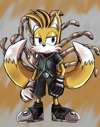 Size: 1280x1635 | Tagged: safe, artist:animepianistgirl, miles "tails" prower, nine, fox, sonic prime, 2023, abstract background, frown, lidded eyes, looking offscreen, male, solo, standing