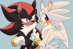 Size: 900x600 | Tagged: safe, artist:rubrtic, shadow the hedgehog, silver the hedgehog, hedgehog, blushing, blushing ears, duo, gay, heart, male, males only, shadow x silver, shipping, simple background, smile, standing, turquoise background, wagging tail