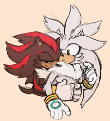 Size: 2048x2269 | Tagged: safe, artist:lynxheartart, shadow the hedgehog, silver the hedgehog, hedgehog, bust, cheek fluff, duo, frown, gay, hugging from behind, lidded eyes, looking at them, looking down, male, males only, orange background, shadow x silver, shipping, signature, simple background, sketch, standing
